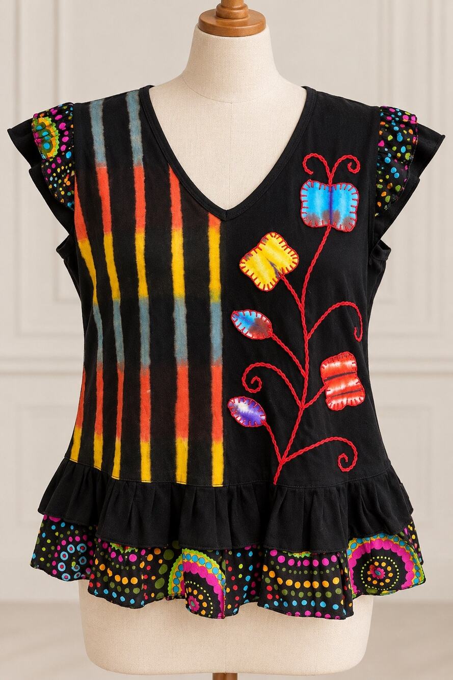 Agan Traders XL Black Boho Patchwork Embroidered Ruffle Tunic Top Festival